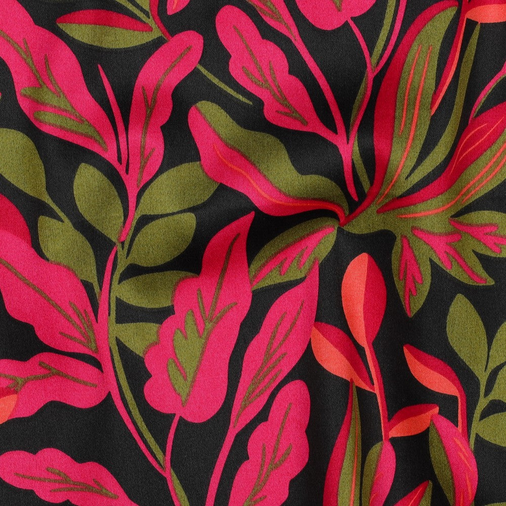 Lush Leaves Cotton Satin in Jet Black | Nerida Hansen