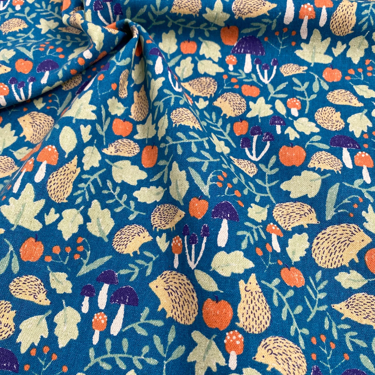 Foraging Hedgehogs | Cotton Linen Canvas by Sevenberry | Teal