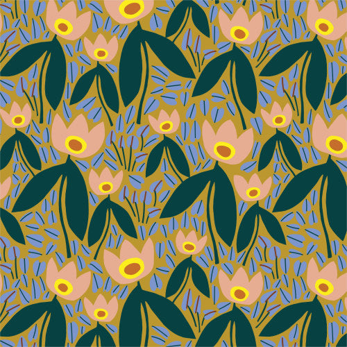 Two Tulips in Olive | Organic Cotton | Furrow by Leah Duncan | Cloud9 Fabrics